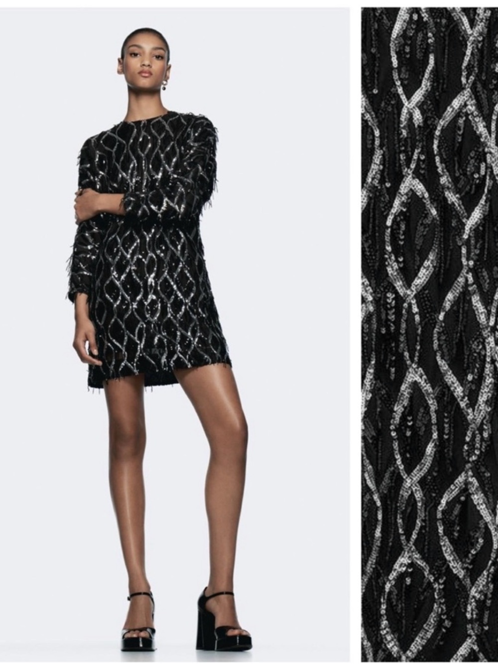 Zara women’s Black Sequin Chain-Pattern Long Sleeve Mini Dress size L